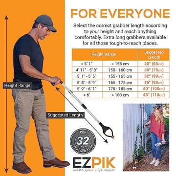 EZPIK 32" Reacher Grabber Pickup Tool for Seniors - Extended Long Hand Grabber Reacher Tool Pick Up Stick - Trash Picker Upper Grabber for Adults - Long Reach Claw Grabber - Yard Grabber, 2-Pack