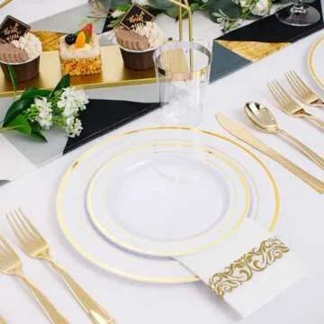 350 Piece White and Gold Disposable Dinnerware Set