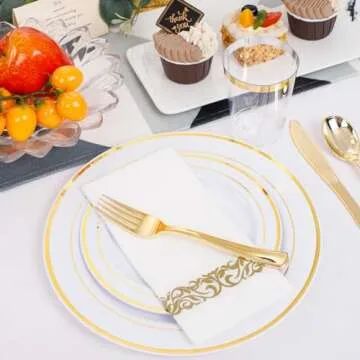 350 Piece White and Gold Disposable Dinnerware Set