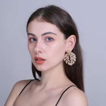 RUOFFETA Raffia Palm Leaf Earrings, Raffia Straw Wrapped Monstera Drop Dangle Earrings Summer Tropic...