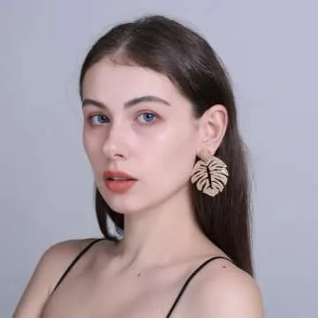 RUOFFETA Raffia Palm Leaf Earrings, Raffia Straw Wrapped Monstera Drop Dangle Earrings Summer Tropic...