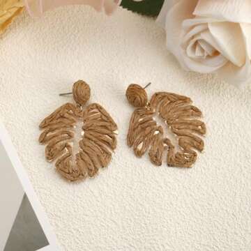 RUOFFETA Raffia Palm Leaf Earrings, Raffia Straw Wrapped Monstera Drop Dangle Earrings Summer Tropical Beach Jewelry(Beige)