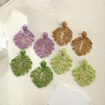 RUOFFETA Raffia Palm Leaf Earrings, Raffia Straw Wrapped Monstera Drop Dangle Earrings Summer Tropical Beach Jewelry(Beige)