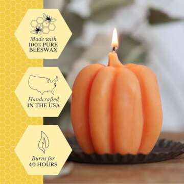 Big Dipper Wax Works Medium Light Orange Pumpkin Candle, 25-Hour Long Burn, Pure Beeswax Sculpted Candle, 3” x 3.25”, Fall Candle