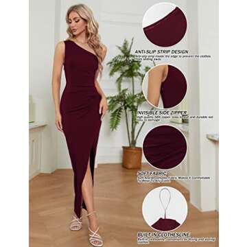 Sarin Mathews Womens One Shoulder Long Formal Dress Sexy Summer Sleeveless Bodycon Ruched Wrap Split Cocktail Dresses Burgundy S
