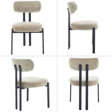 Ya-Home Modern Dining Chairs Set of 4, Upholstered Chenille Fabric Side Chairs Guest Chairs with Curved Backrest Metal Legs for Dining Room Living Room, Khaki