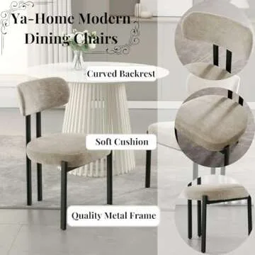 Ya-Home Modern Dining Chairs Set of 4, Upholstered Chenille Fabric Side Chairs Guest Chairs with Curved Backrest Metal Legs for Dining Room Living Room, Khaki