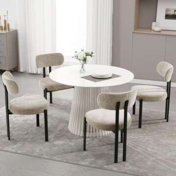 Ya-Home Modern Dining Chairs Set of 4, Upholstered Chenille Fabric Side Chairs Guest Chairs with Curved Backrest Metal Legs for Dining Room Living Room, Khaki