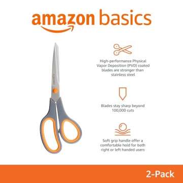Amazon Basics Stainless Steel Scissors for Office, Crafts, Multipurpose, Sharp, Comfort Grip, PVD Co...