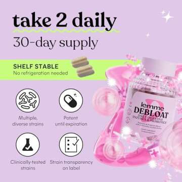 Lemme Debloat 3-in-1 Prebiotic, Probiotic & Digestive Enzyme Capsules for Bloating & Gas Relief - 2 Clinically Studied Probiotics w/5 Digestive Enzymes to Improve Digestion, Women & Men, Vegan, 60 ct