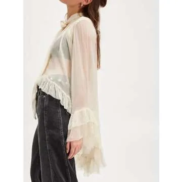 Women Full Sleeve Frill Tops - See Through Ruffle Blouse