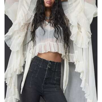 Women Full Sleeve Frill Tops - See Through Ruffle Blouse