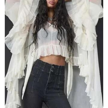 Women Full Sleeve Frill Tops - See Through Ruffle Blouse