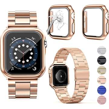 omee Compatible with Apple Watch Band 44mm with 2Pcs Case, Stainless Steel Metal Band Business Replacement iWatch Strap for Apple Watch Series 6/5/4/SE (44mm, Rose Gold)