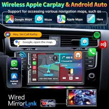 Double Din Stereo with Wireless CarPlay, Bluetooth 5.3, 7" HD Touchscreen, 240W Output, and Backup C...