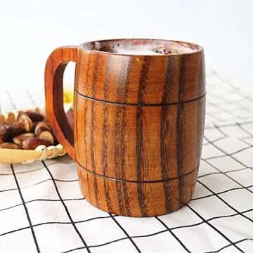CTIGERS Vintage Wooden Beer Mugs Elegant Wood Coffee Cups with Handle 12 oz