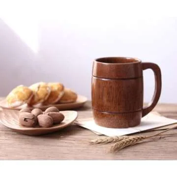 CTIGERS Vintage Wooden Beer Mugs Elegant Wood Coffee Cups with Handle 12 oz