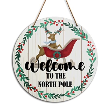 Christmas Wall Decor Sign, Welcome to The North Pole, Rustic Christmas Home Sign for Front Door Porc...