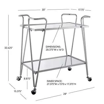 Linon Gina Silver Mid Century Bar Cart with Mirrored Shelves