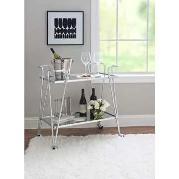 Linon Gina Silver Mid Century Bar Cart with Mirrored Shelves