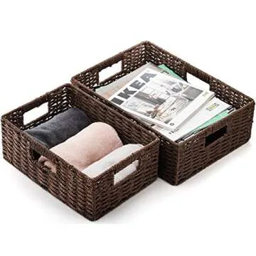 TOPZEA 2 Pack Brown Wicker Storage Basket for Shelves, Hand Woven Paper Rope Shelf Basket, Pantry Organization Baskets with Handle, Decorative Closet Organizer Bins for Kitchen, Bathroom, Coffee Bar