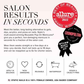 Static Nails Reusable Pop-On Manicure Set, Non-Damaging Glue-On Nails (Petite French Almond) - False Nails with Glue, Nail Set, Fake Acrylic Press On Nails