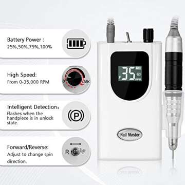 35000RPM Portable Nail Drill Machine, HoMove Professional Rechargeable Efile Nail Drill, Low Heat Electric Nail File for Acrylic Nail Natural Extension Poly Nail Gel