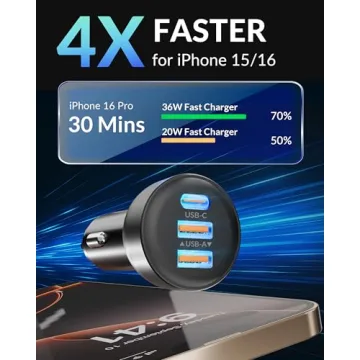 70W 3-Port USB C Car Charger for iPhone & Android