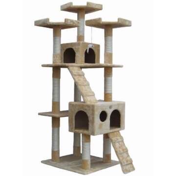 Go Pet Club 72" Tall Cat Tree Tower with Cat Condos - Large Cat Tree - Cat Tower for Indoor Cats - Play Scratch Hide Climb Activity Furniture with Toy - Beige