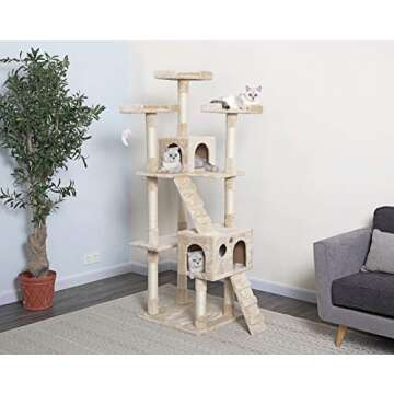 Go Pet Club 72" Tall Cat Tree Tower with Cat Condos - Large Cat Tree - Cat Tower for Indoor Cats - Play Scratch Hide Climb Activity Furniture with Toy - Beige