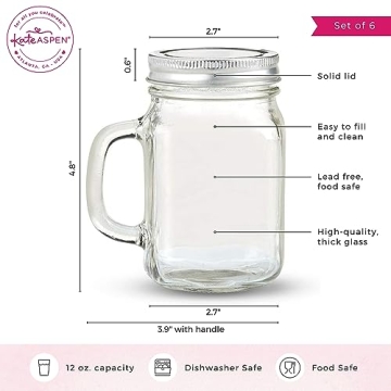 Kate Aspen Mason Jar Mugs with Lids - Set of 6