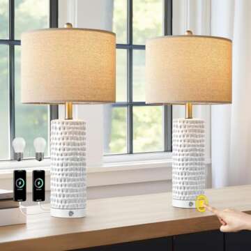 PORTRES 24" Farmhouse 3-Way Dimmable Touch Ceramic Table Lamp Set of 2 for Bedroom White Bedside Lam...