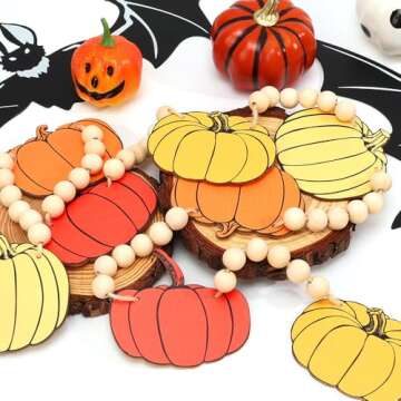 AKEROCK Fall Thanksgiving Garland for Mantle, Farmhouse Wood Pumpkin and Bead Thanksgiving Banner for Home Fireplace Mantel Decor - Pumpkin Garland Thanksgiving Decorations Indoor
