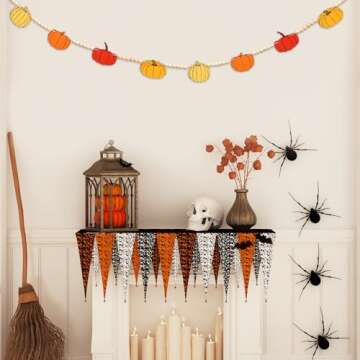 AKEROCK Fall Thanksgiving Garland for Mantle, Farmhouse Wood Pumpkin and Bead Thanksgiving Banner for Home Fireplace Mantel Decor - Pumpkin Garland Thanksgiving Decorations Indoor