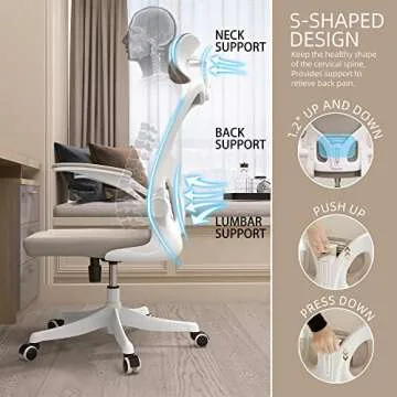 Monhey Ergonomic Office Chair with Lumbar Support & Headrest & Flip-up Arms Height Adjustable Rocking Home Office Desk Swivel High Back Computer Chair Warm Taupe Mesh Study Chair