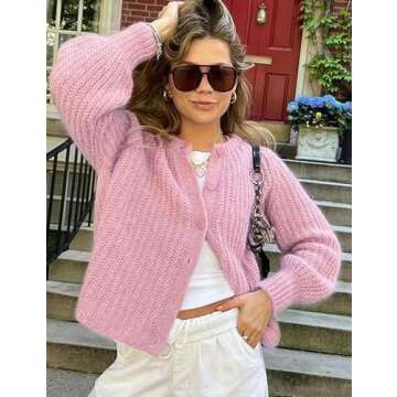 Flygo Women's Cardigan Sweater 2024 Fall Winter Chunky Long Sleeve Button Open Front Knit Solid Loose Cardigans Sweaters(Pink-L)