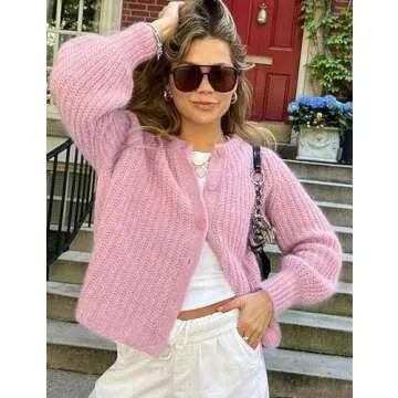 Flygo Women's Cardigan Sweater 2024 Fall Winter Chunky Long Sleeve Button Open Front Knit Solid Loose Cardigans Sweaters(Pink-L)
