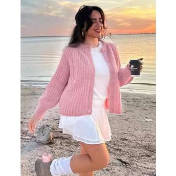 Flygo Women's Cardigan Sweater 2024 Fall Winter Chunky Long Sleeve Button Open Front Knit Solid Loose Cardigans Sweaters(Pink-L)