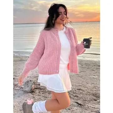 Flygo Women's Cardigan Sweater 2024 Fall Winter Chunky Long Sleeve Button Open Front Knit Solid Loose Cardigans Sweaters(Pink-L)