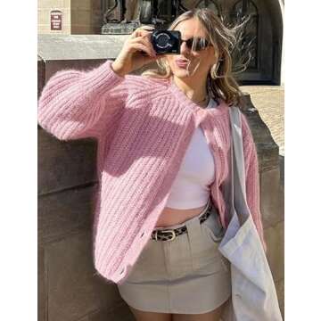 Flygo Women's Cardigan Sweater 2024 Fall Winter Chunky Long Sleeve Button Open Front Knit Solid Loose Cardigans Sweaters(Pink-L)