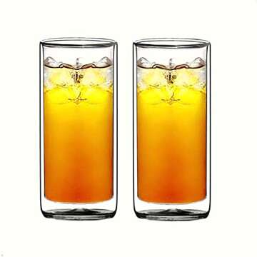 Sun's Tea Double Wall Insulated Glass Tumbler, 16oz (450ml) Highball Glass Cups for Beer, Lemonade, Iced Tea, Tropical Drink, Cocktail, Smoothie, Mojito and Mixed Drinks, Set of 2 - Collins Style