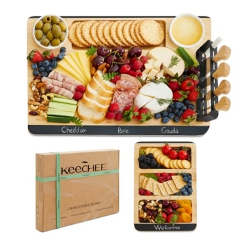 keechee Charcuterie Boards Gift Set: Large Bamboo Cheese Board Set with Chalkboard Edge & Forks Set ...