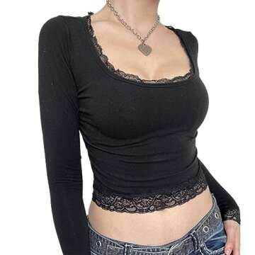 Women Y2k Vintage Long Sleeve Shirt Top Slim Fit Lace Trim T-Shirt Harajuku Fairy Aesthetic Tee Tops...