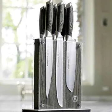 Schmidt Brothers - Bonded Ash 7-Piece Kitchen Knife Set, High-Carbon German Stainless Steel Cutlery, Ash Finish Wood Handles and Clear Acrylic Magnetic Knife Block