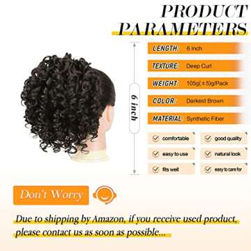 PEACOCO Drawstring Ponytail Afro Kinky Curly Ponytails for Black Women, 6 Inch African American Ponytail Extensions Synthetic Hair with 2 Combs and Elastic Net (2#)