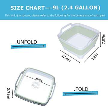 Collapsible Wash Basin 9L, Foldable Dish Tub with Drain Plug, Portable Collapsible Dish Basin, Campi...
