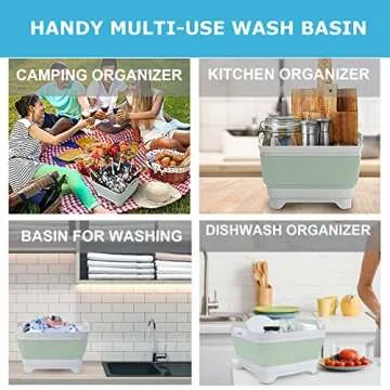 Collapsible Wash Basin 9L, Foldable Dish Tub with Drain Plug, Portable Collapsible Dish Basin, Camping Sink for Washing Dishes, Laundry & Kitchen Use (Green)