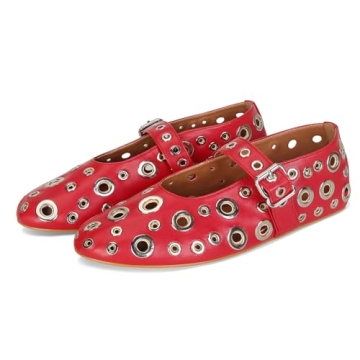 MICIFA Ballet Flats - Comfortable Ballerina Flats with Buckle Strap in Metallic Cherry Red