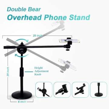 Double Bear Overhead Phone Stand – Phone Mount for Filming, Crafting, Baking, Drawings, Recording, Tiktok, Mukbang – Design for Various Purposes
