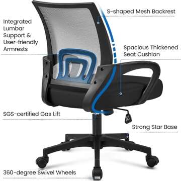 Yaheetech Office Chair Ergonomic Computer Chair Mid Back Adjustable Desk Chair with Lumbar Support Armrest, Swivel Rolling Mesh Task Gaming Chair for Home Office Work Study, Black
